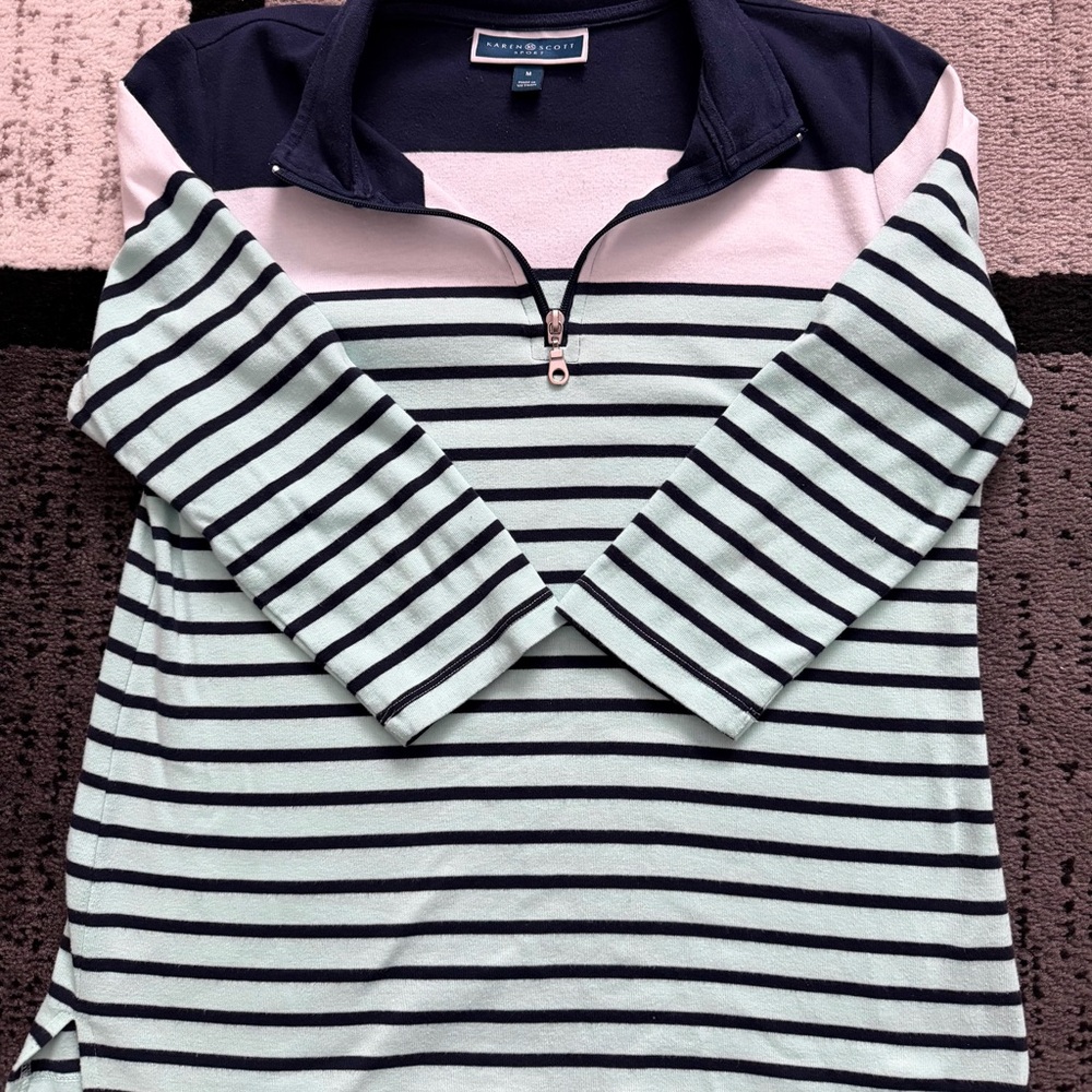 Karen Scott Green and Blue 1/4 Zip 3/4 Sleeve Striped Top